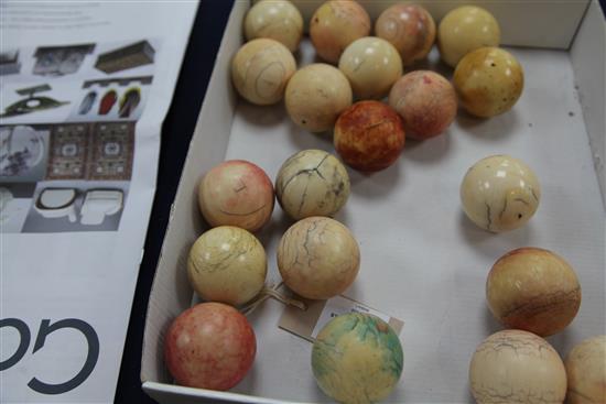 A collection of twenty early 20th century ivory snooker balls, each approx. 2in.